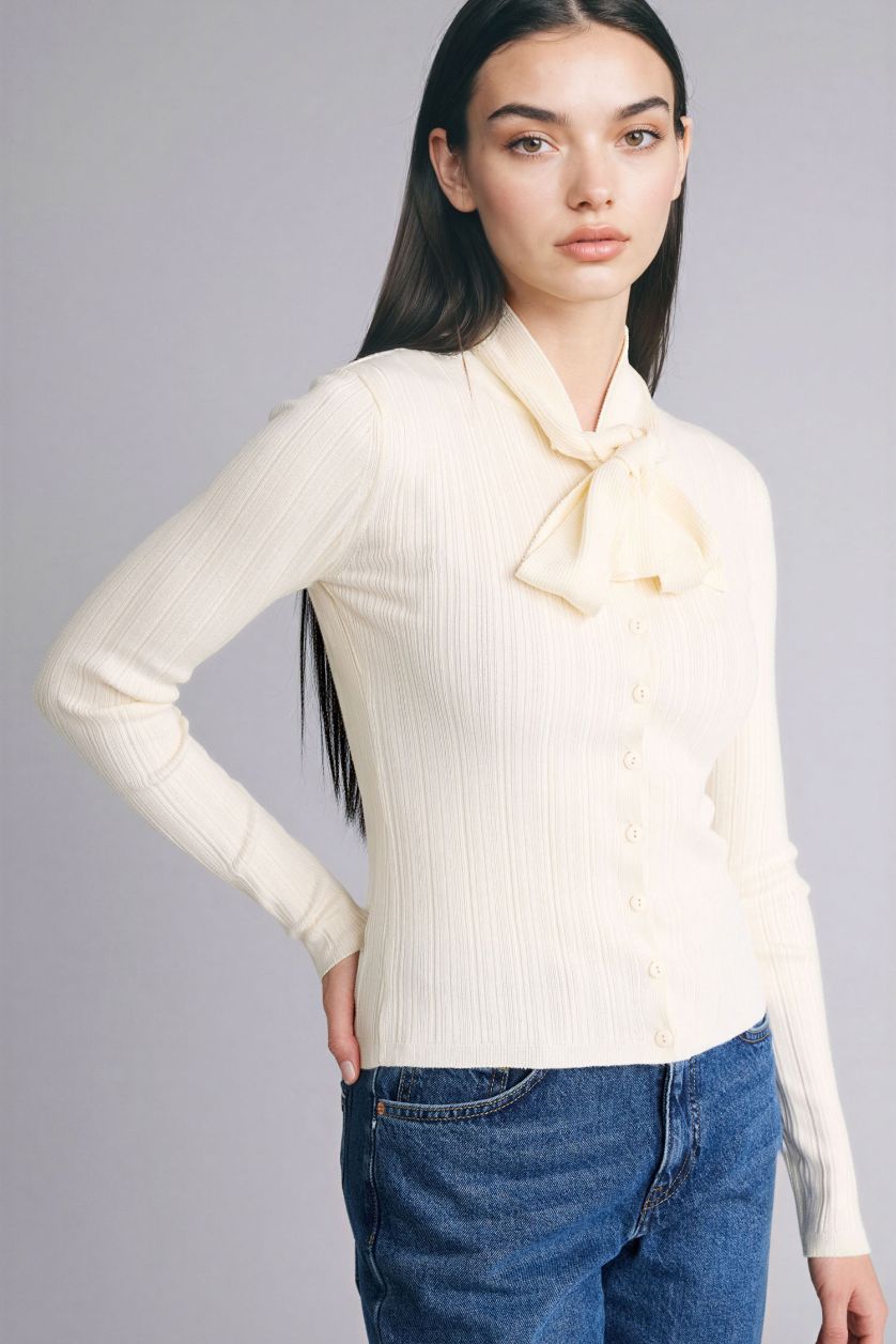 WOMAN Ecru Slim Fit Bowtie Knitwear Pullover