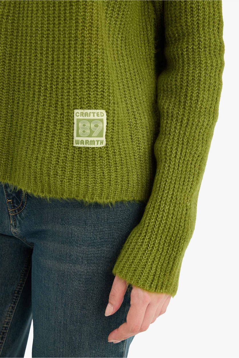 نساء أخضر بلوز صوف قصة عادية بياخة مستديرة