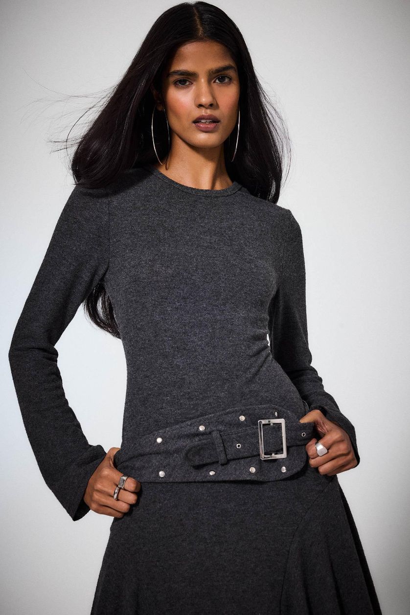 Kadın Antrasit Bisiklet Yaka Uzun Kollu Midi Elbise