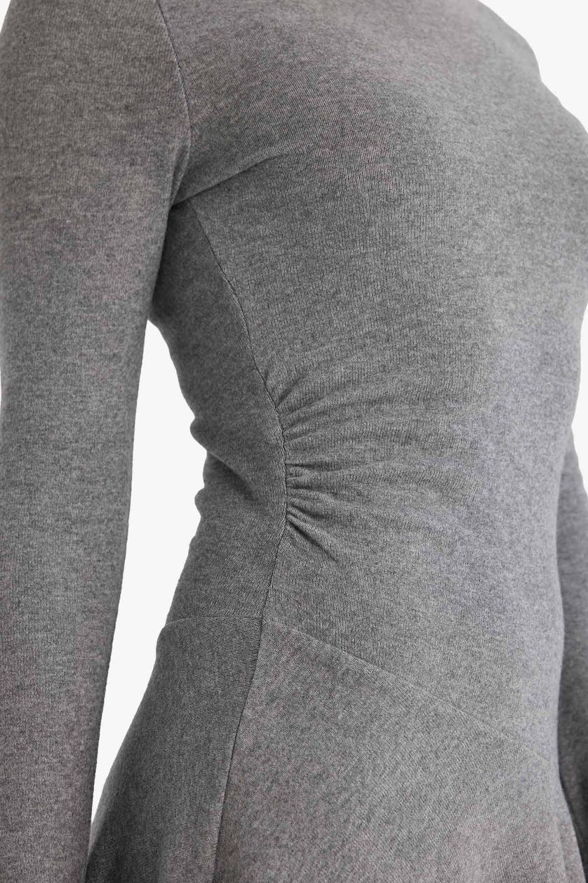 حريمي ميلانج رمادي فستان قصير كم طويل بياقة مستديرة