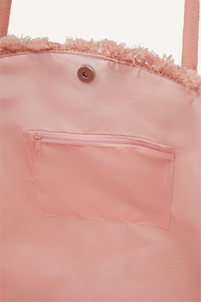 Kadın Açık Pembe Kadın Nakışlı Kanvas Plaj Çantası