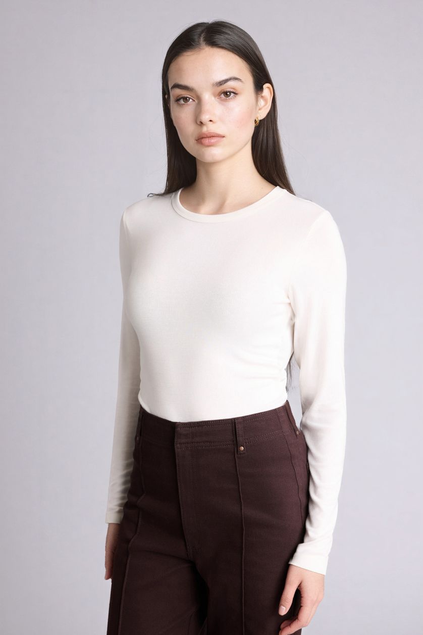 Woman Ecru تيشيرت ردن طويل بيزك سادة سليم فيت