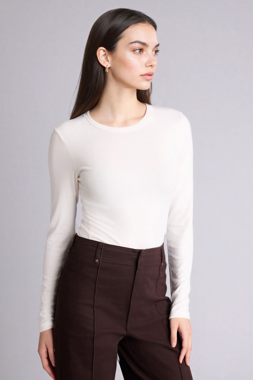 Woman Ecru تيشيرت ردن طويل بيزك سادة سليم فيت