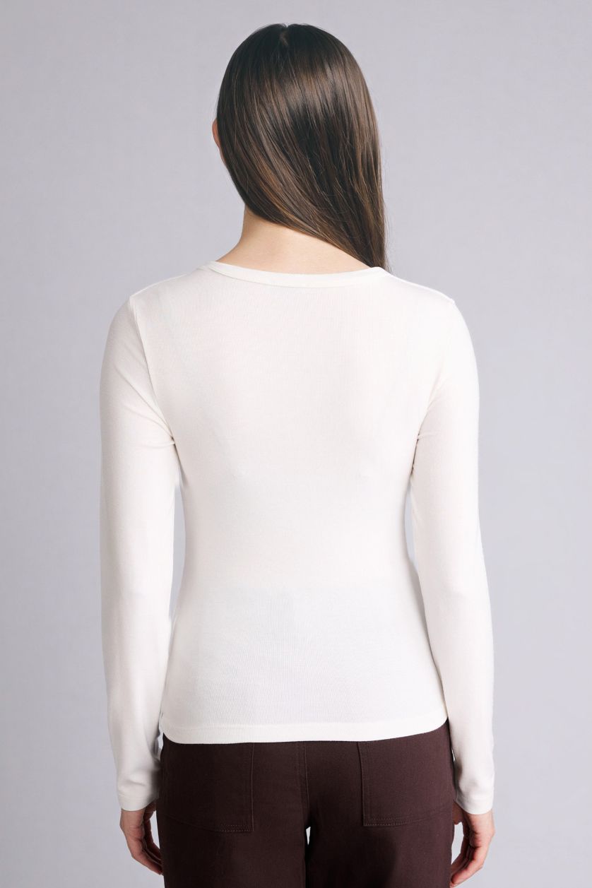 Woman Ecru تيشيرت ردن طويل بيزك سادة سليم فيت