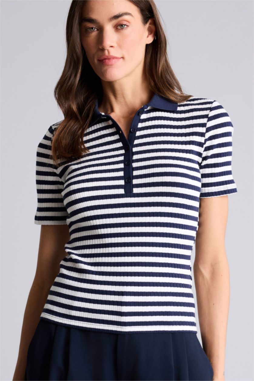 حريمي كحلي تيشيرت بولو مخطط نص كم سليم فيت