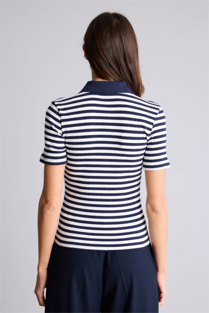 حريمي كحلي تيشيرت بولو مخطط نص كم سليم فيت