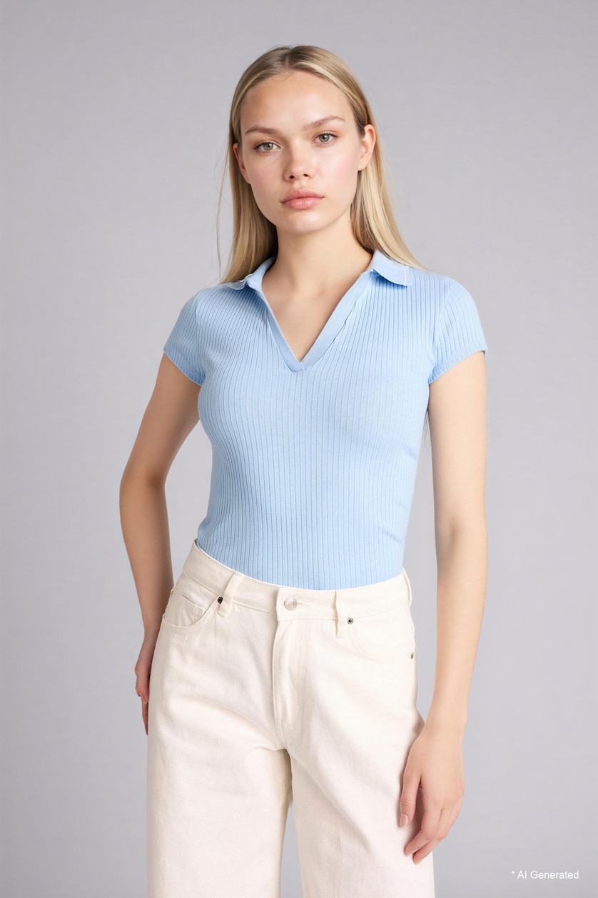 Women Light Blue Slim Fit Camisole Short Sleeve Polo T-Shirt
