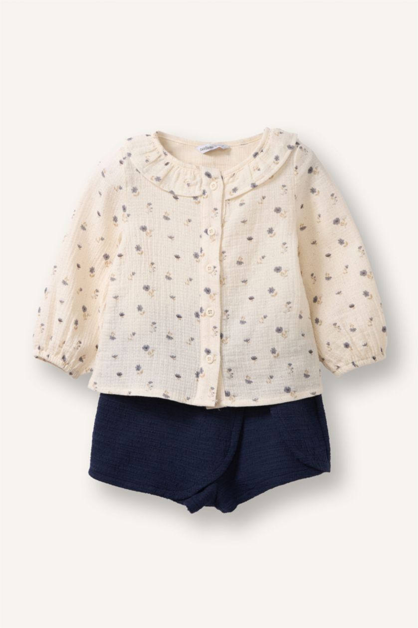 Kız Bebek Ekru Çiçekli Müslin 2'li Takım Kız Bebek