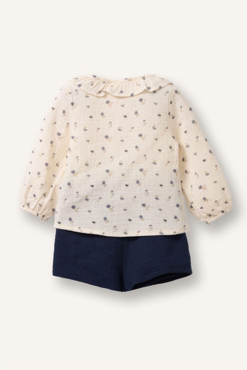 Kız Bebek Ekru Çiçekli Müslin 2'li Takım Kız Bebek