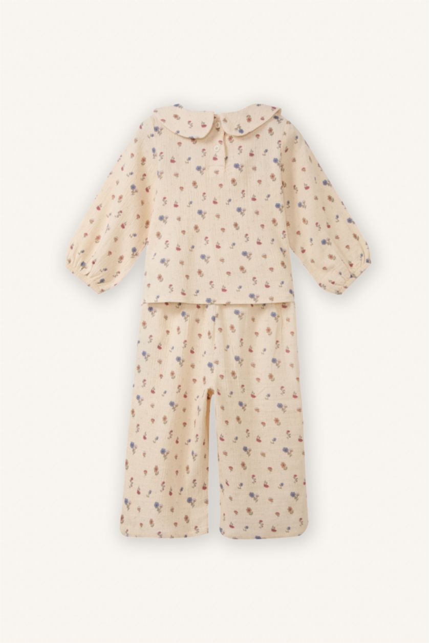 Kız Bebek Ekru Çiçekli Müslin 2'li Takım Kız Bebek