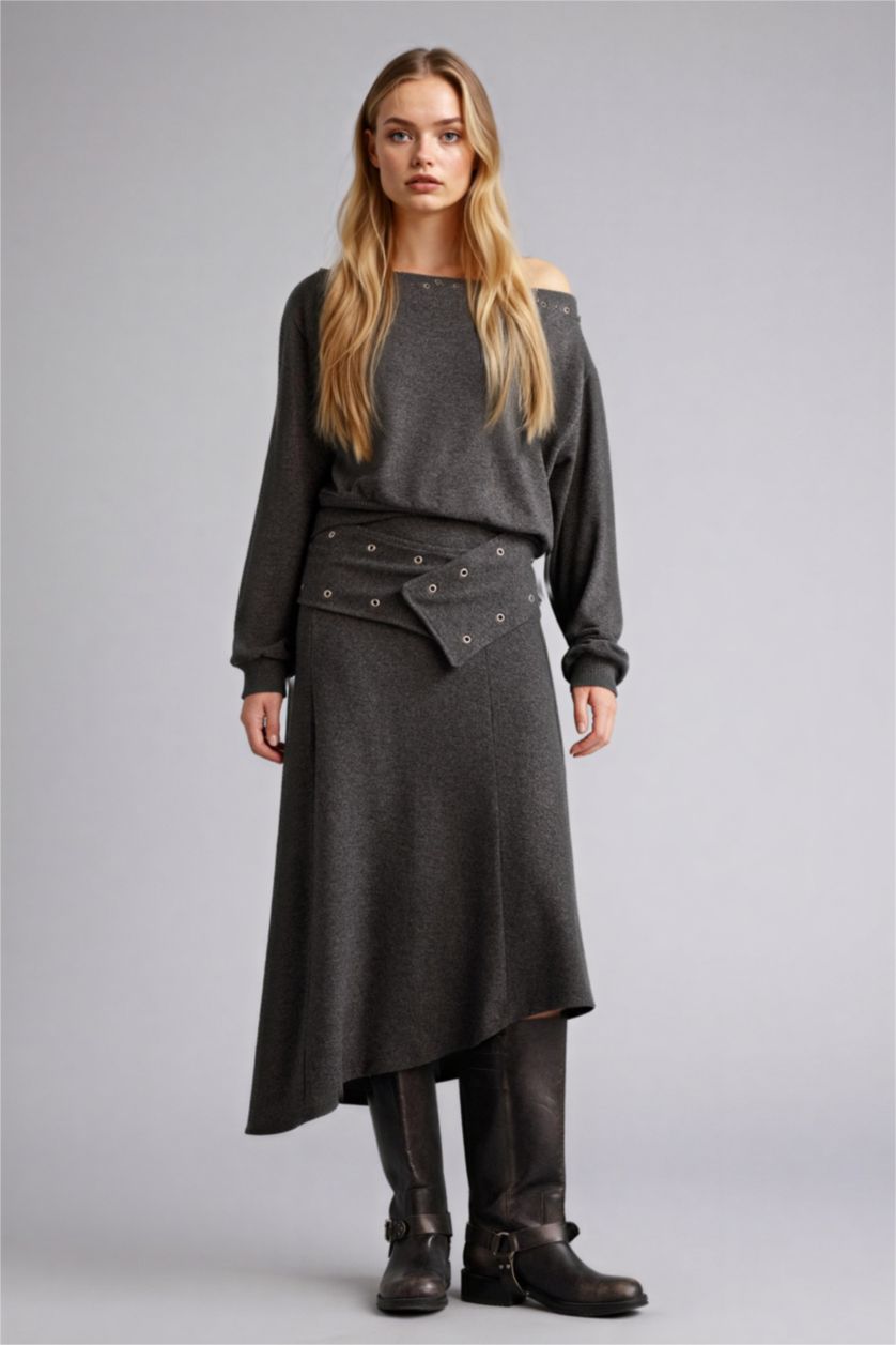 Woman Anthracite A Cut Normal Waist Midi Knitted Skirt