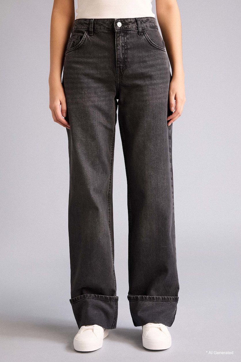 FEMME Anthracite Jean long lavé à taille haute et plis Coupe droite