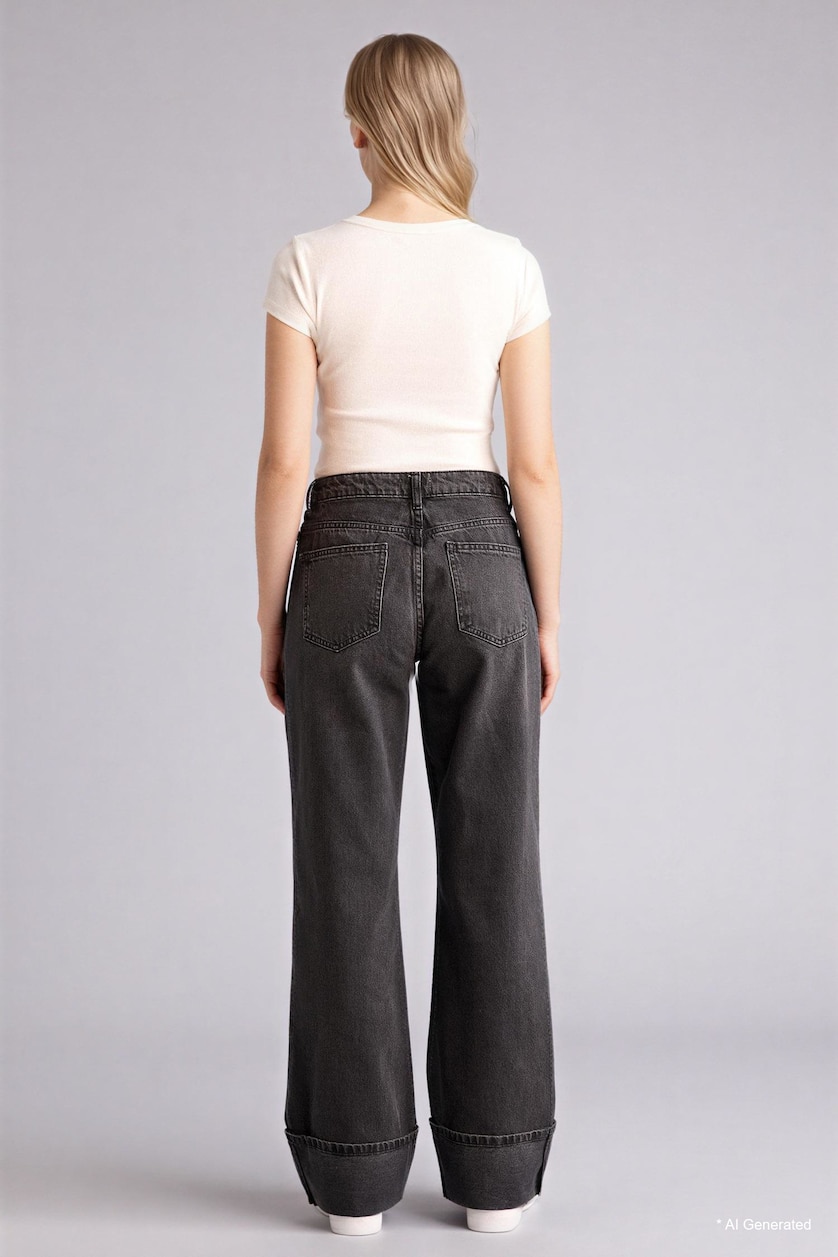 FEMME Anthracite Jean long lavé à taille haute et plis Coupe droite