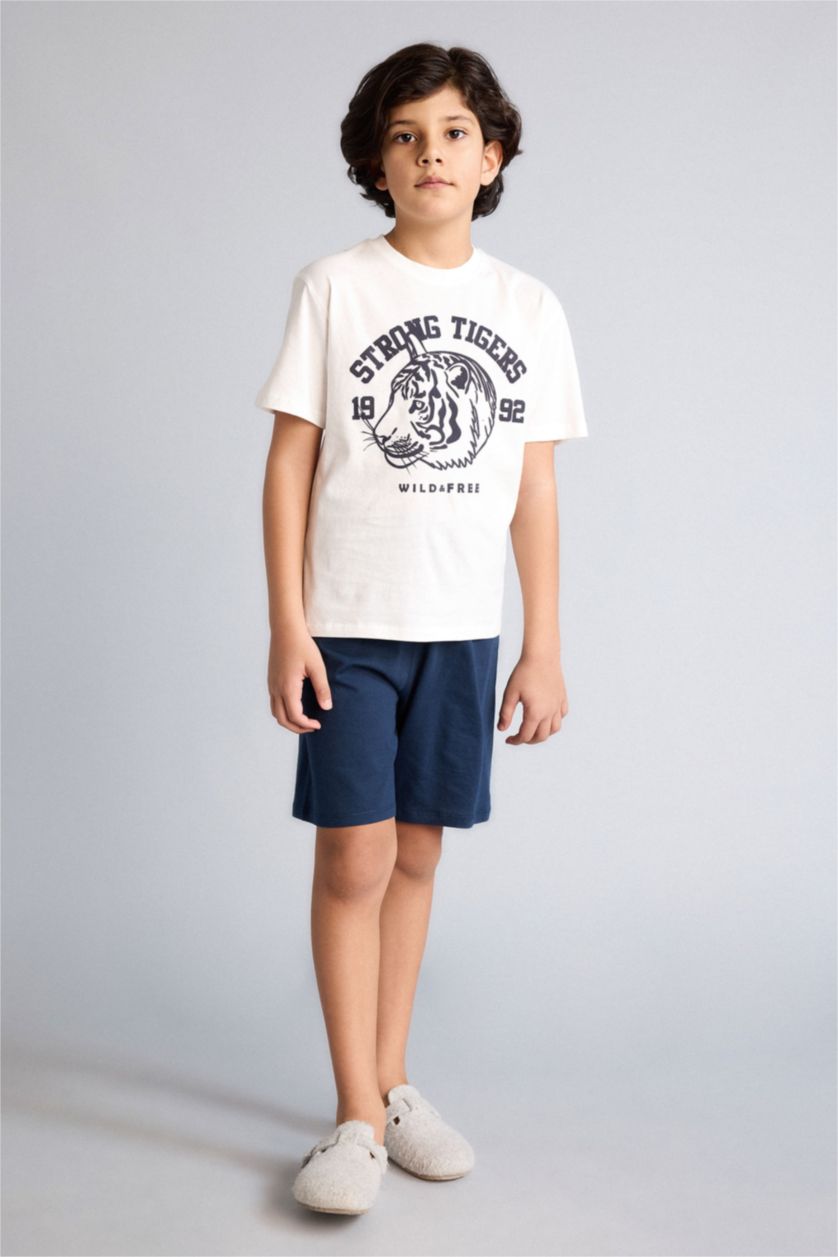 Erkek Çocuk - Genç Erkek Ekru Tişört Şort 2'li Pijama Takımı Erkek Çocuk