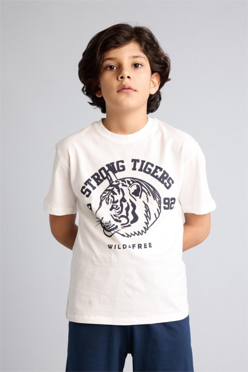 Erkek Çocuk - Genç Erkek Ekru Tişört Şort 2'li Pijama Takımı Erkek Çocuk