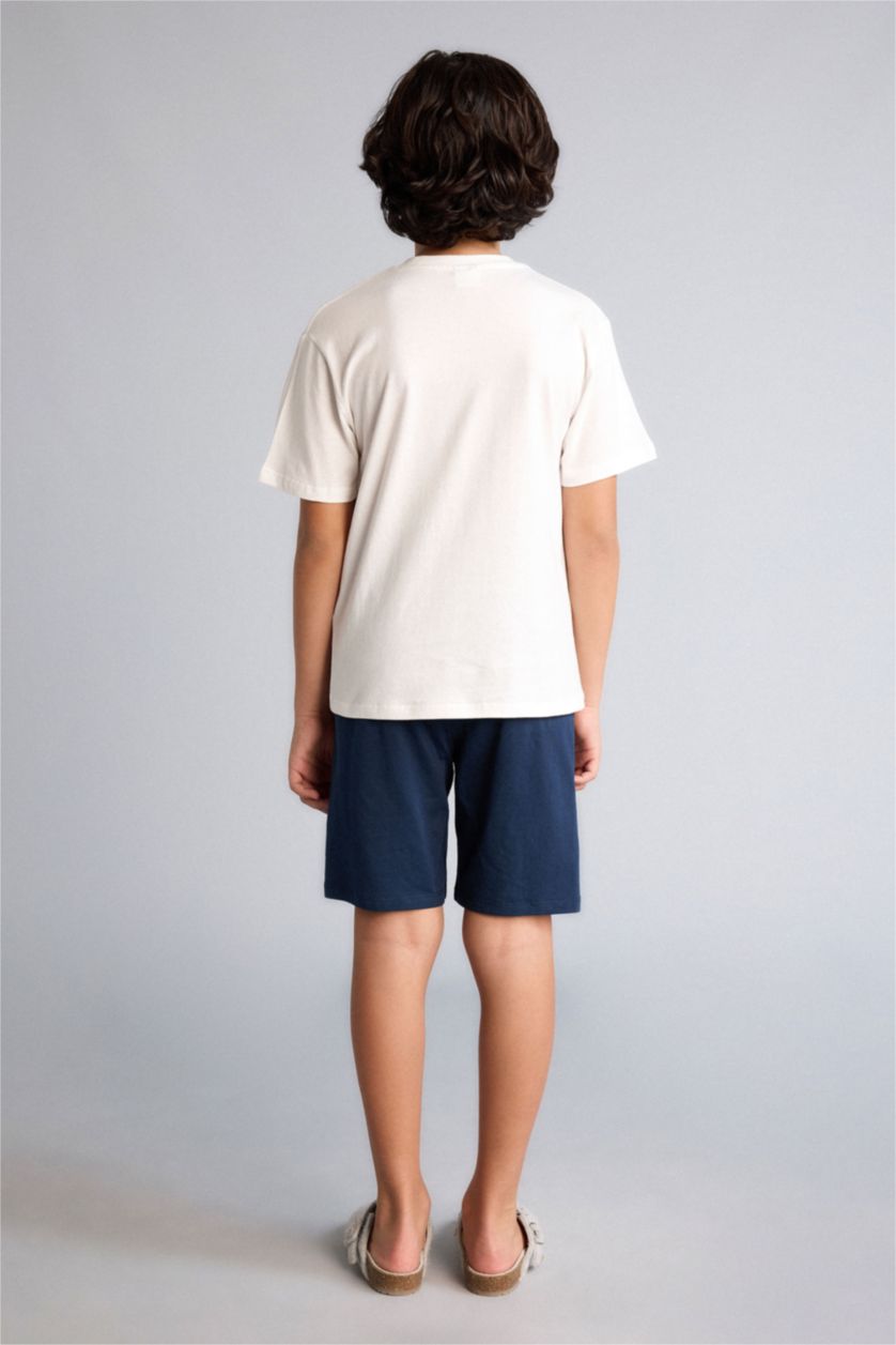 Erkek Çocuk - Genç Erkek Ekru Tişört Şort 2'li Pijama Takımı Erkek Çocuk