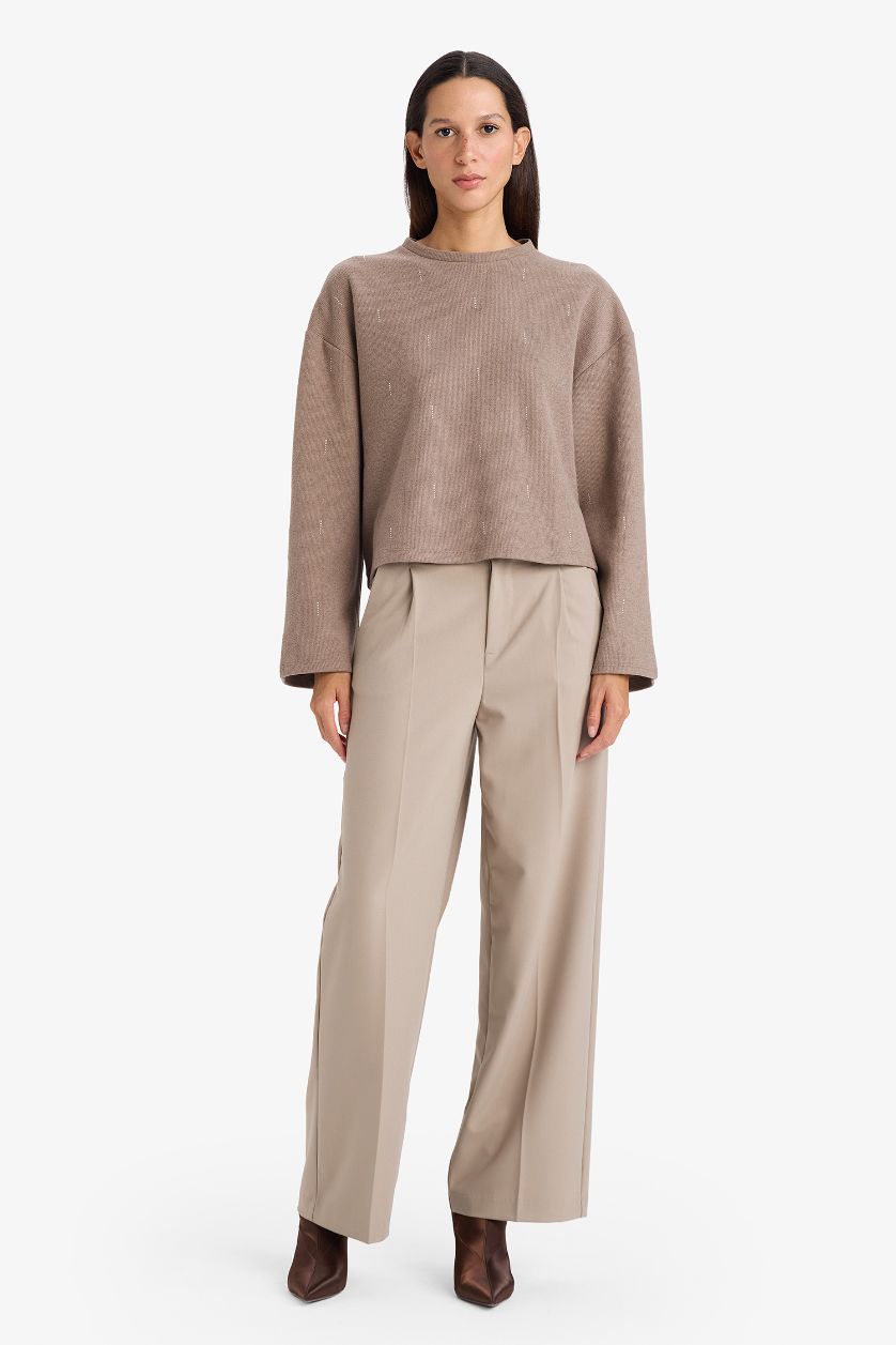 نساء بني فاتح Relax Fit Crew Neck Long Sleeve T-Shirt