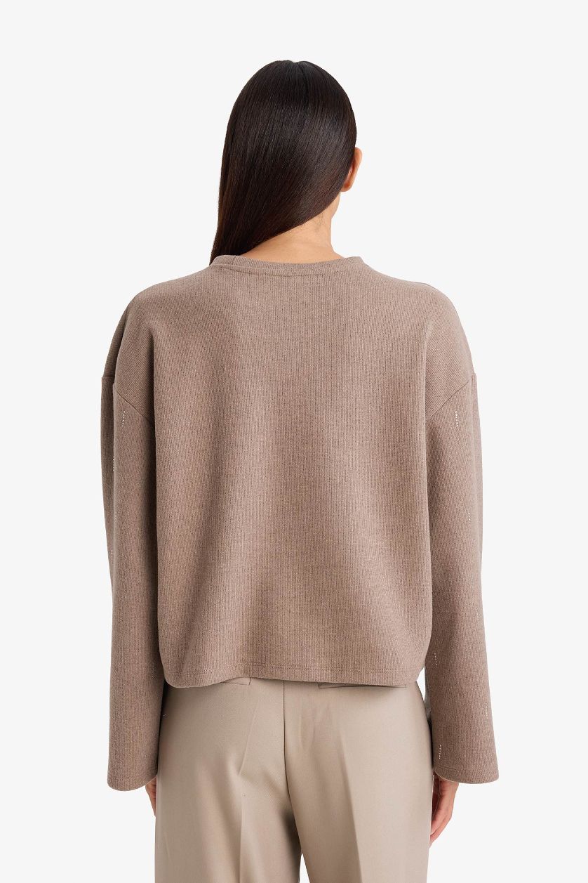 نساء بني فاتح Relax Fit Crew Neck Long Sleeve T-Shirt