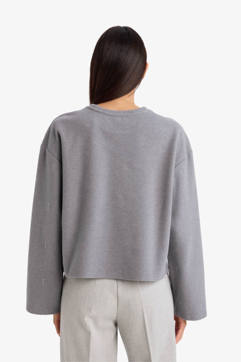 Kadın Gri Melanj Relax Fıt Tişört