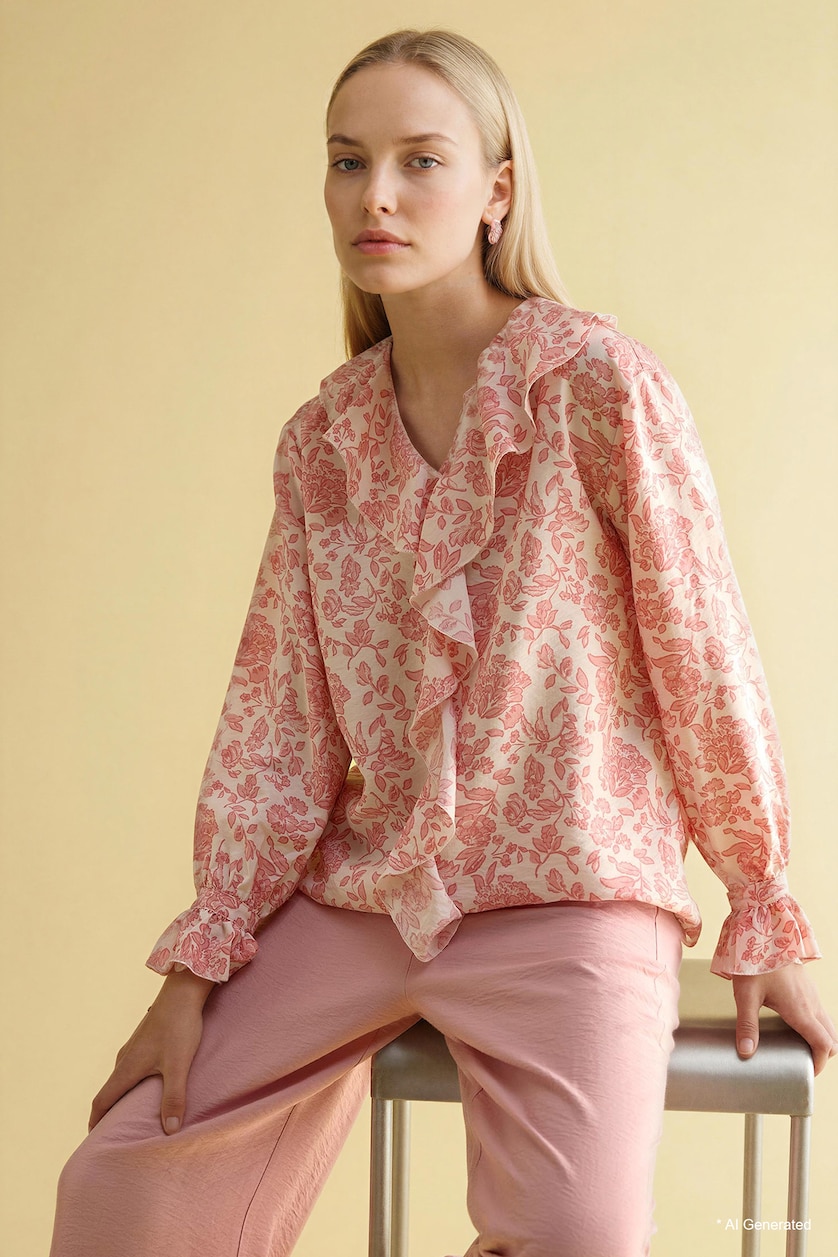 Woman Rose Regular Fit V-Neck Printed Long Sleeve Blouse