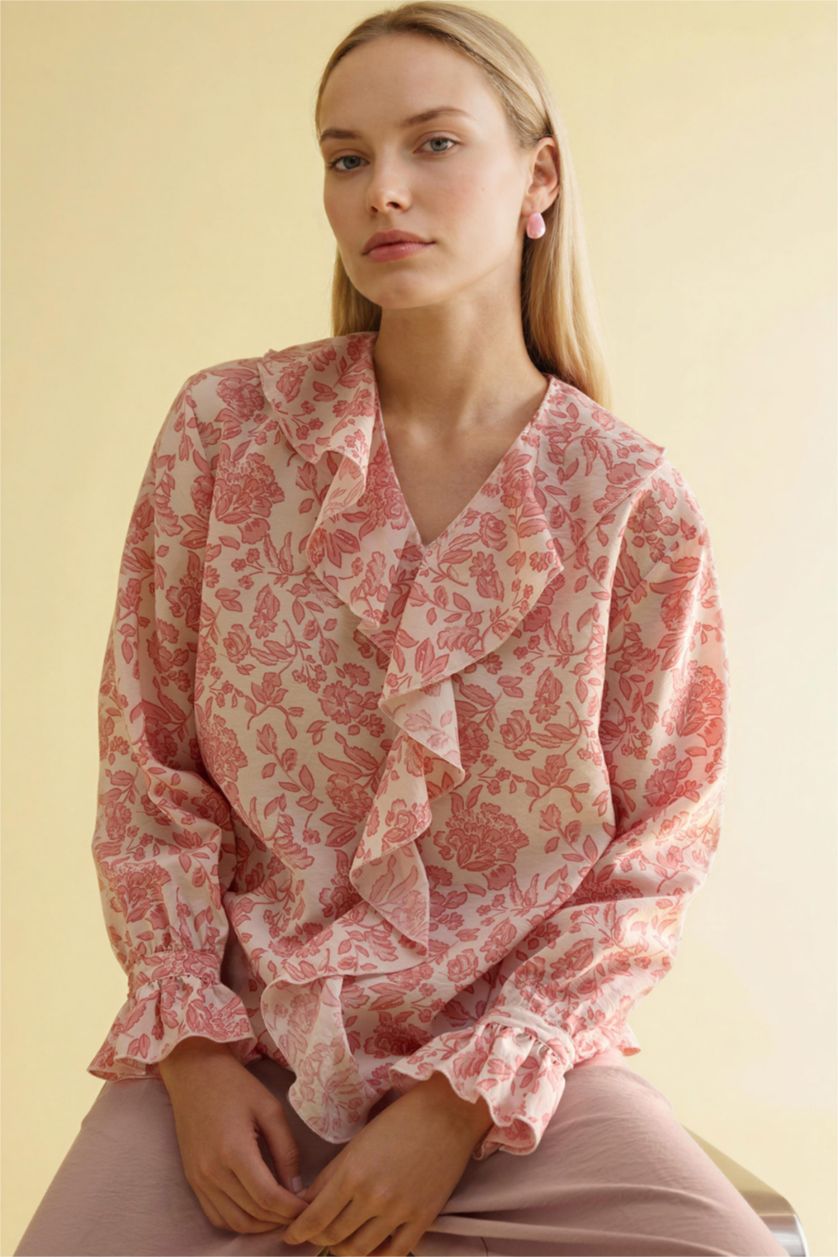 Kadın Gülkurusu Regular Fıt V Yaka Baskılı Uzun Kollu Bluz