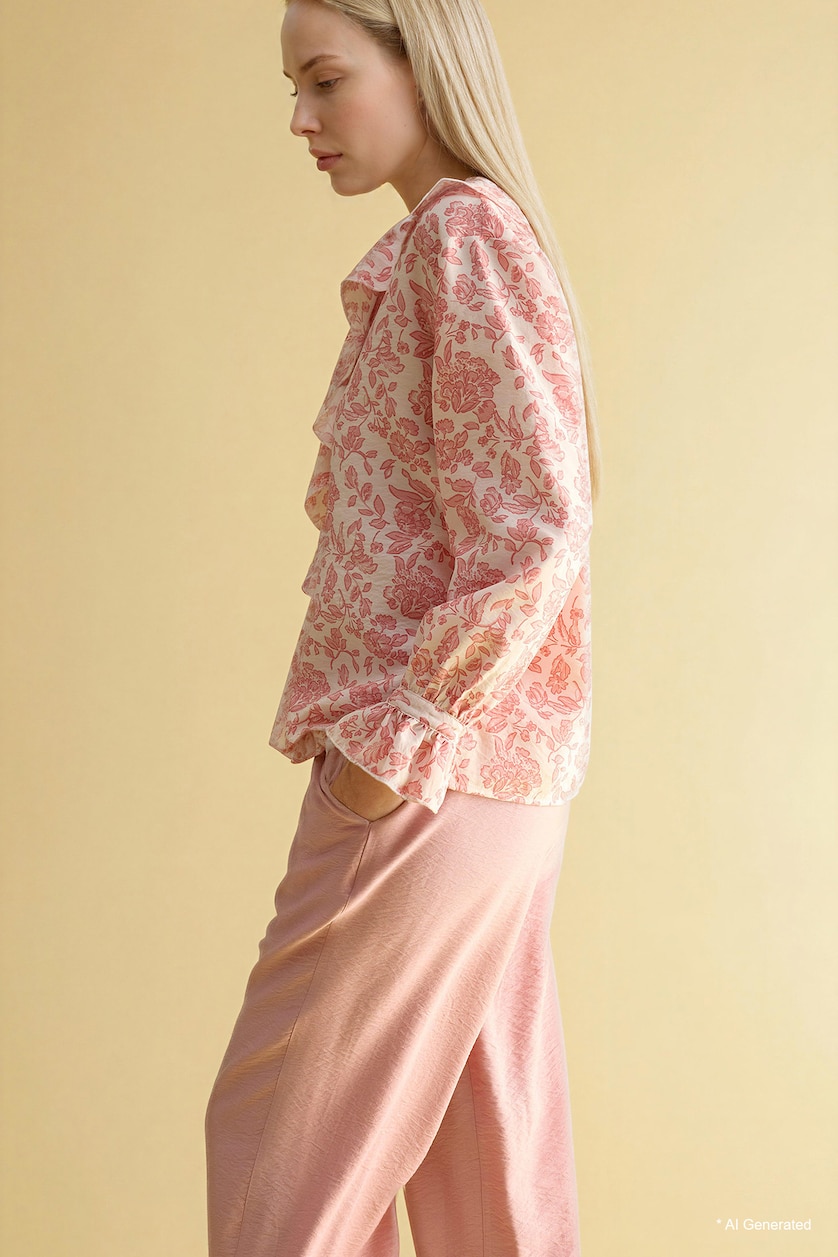 Woman Rose Regular Fit V-Neck Printed Long Sleeve Blouse