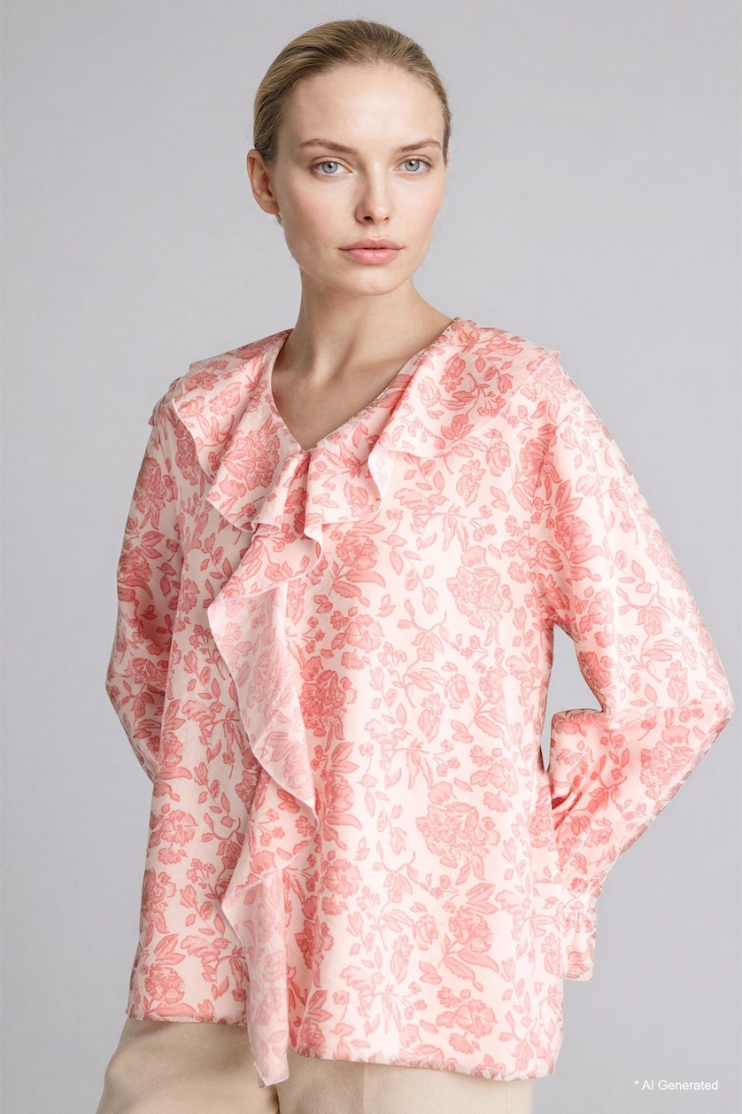 Woman Rose Regular Fit V-Neck Printed Long Sleeve Blouse