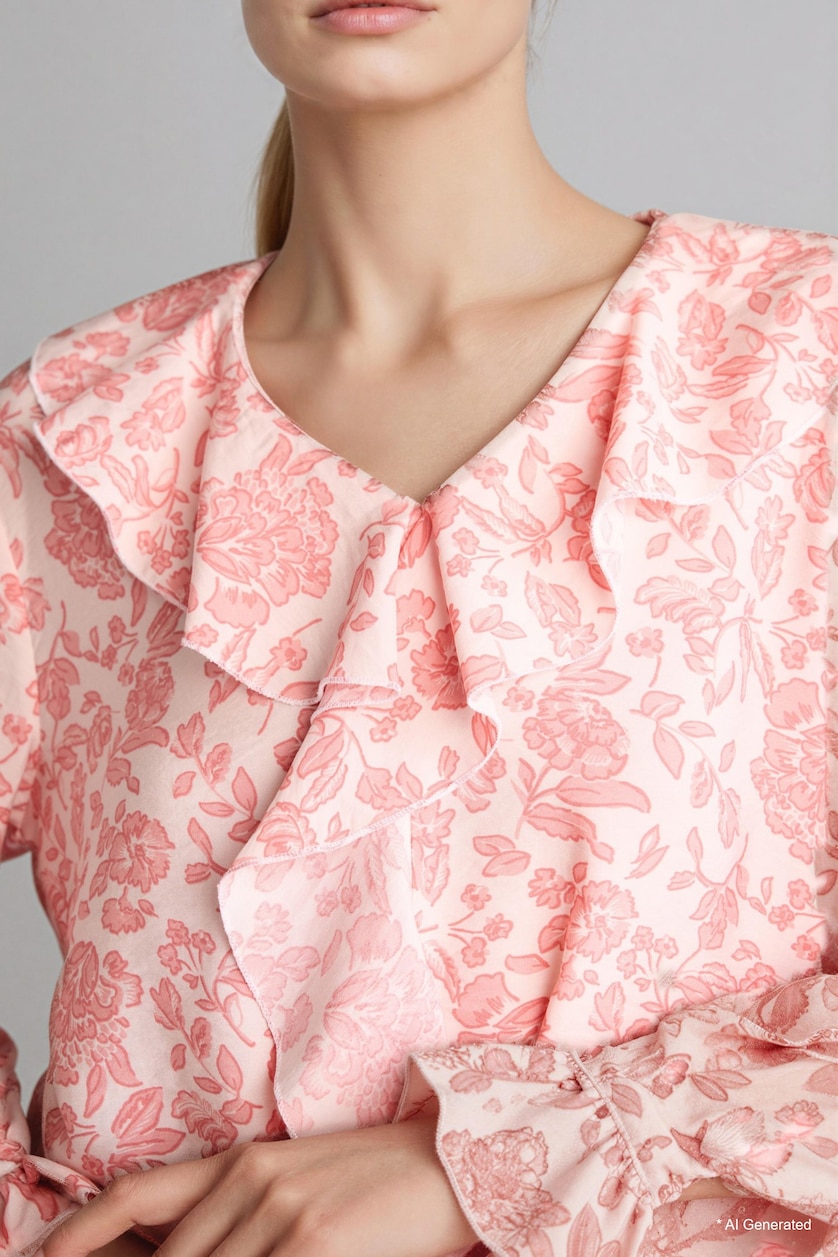 Woman Rose Regular Fit V-Neck Printed Long Sleeve Blouse