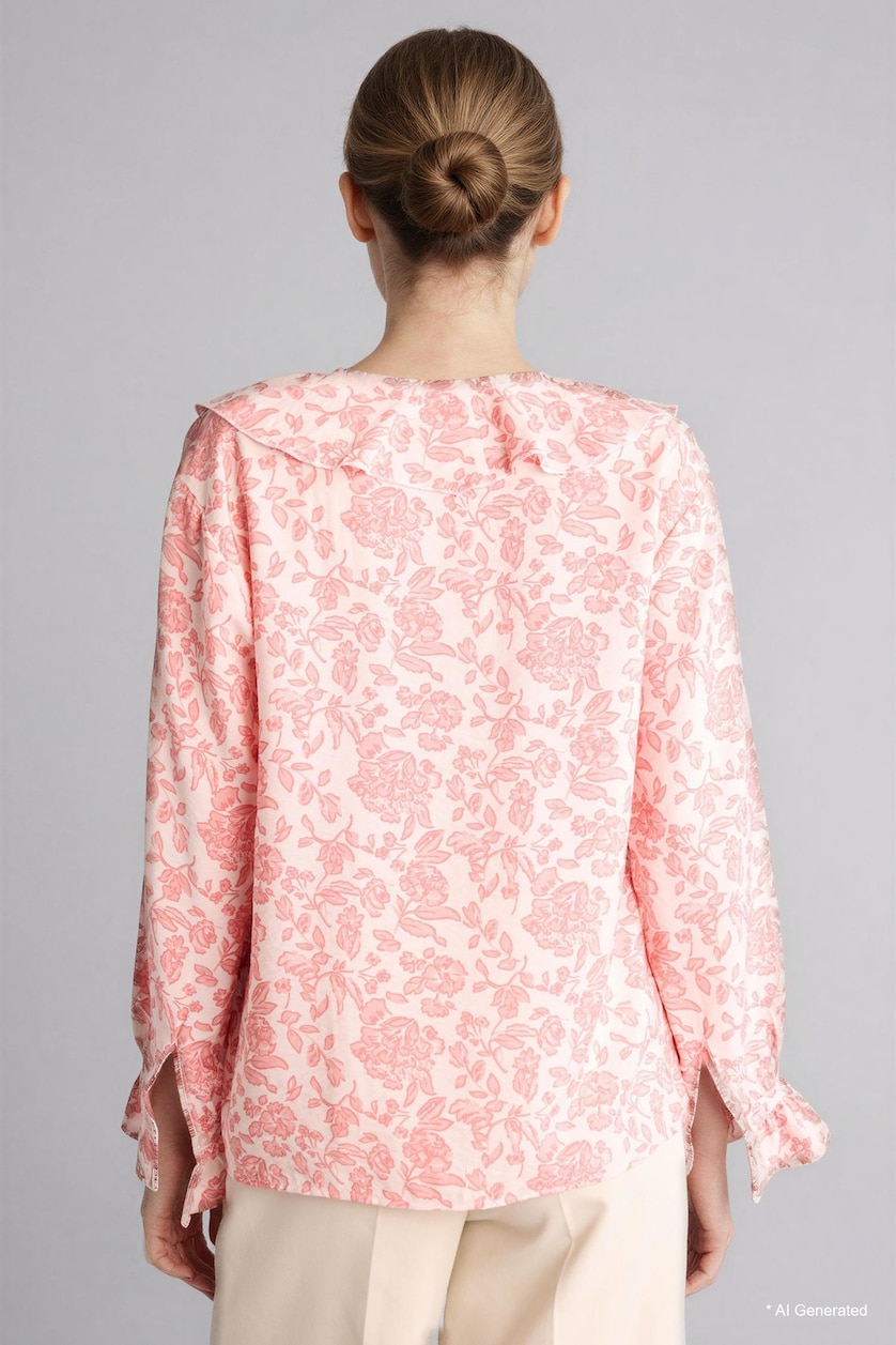 Woman Rose Regular Fit V-Neck Printed Long Sleeve Blouse