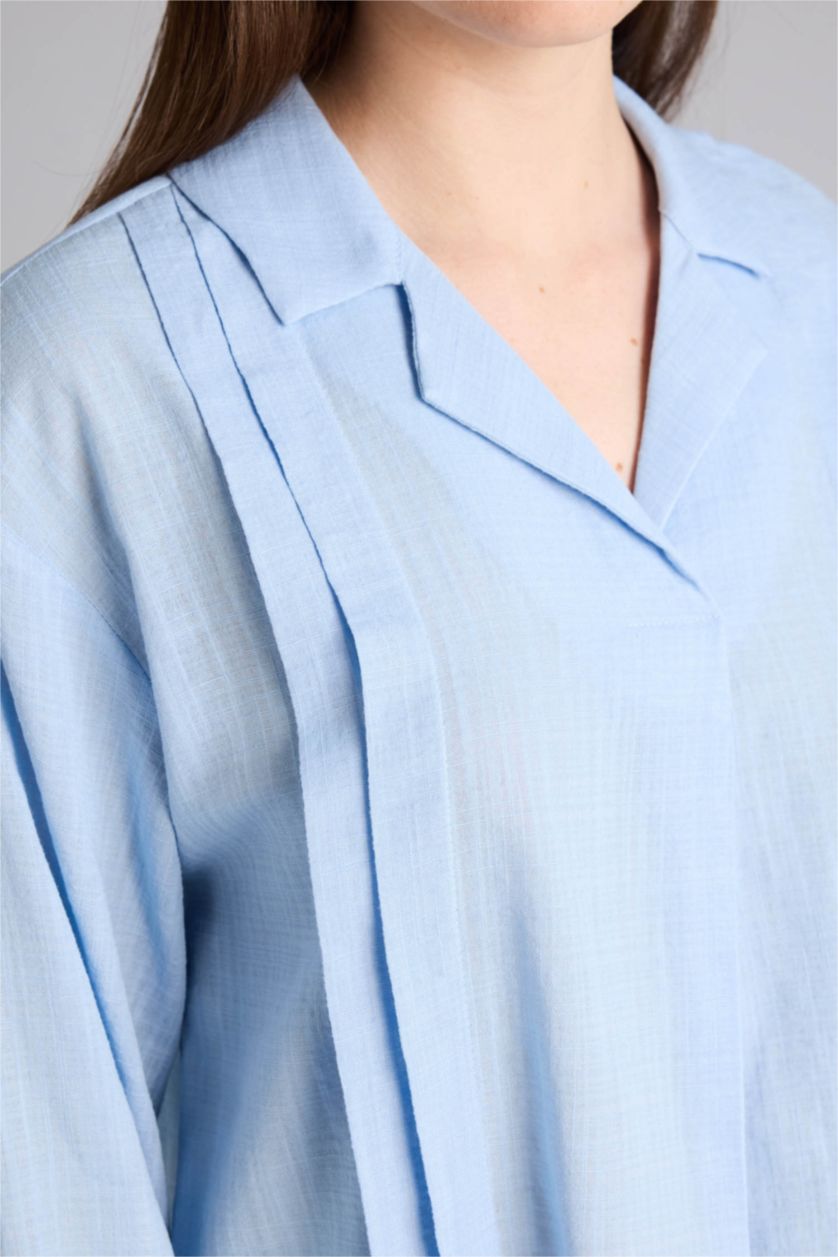 حريمي أزرق فاتح بلوزة كم طويل قصة مريحة بياقة قميص