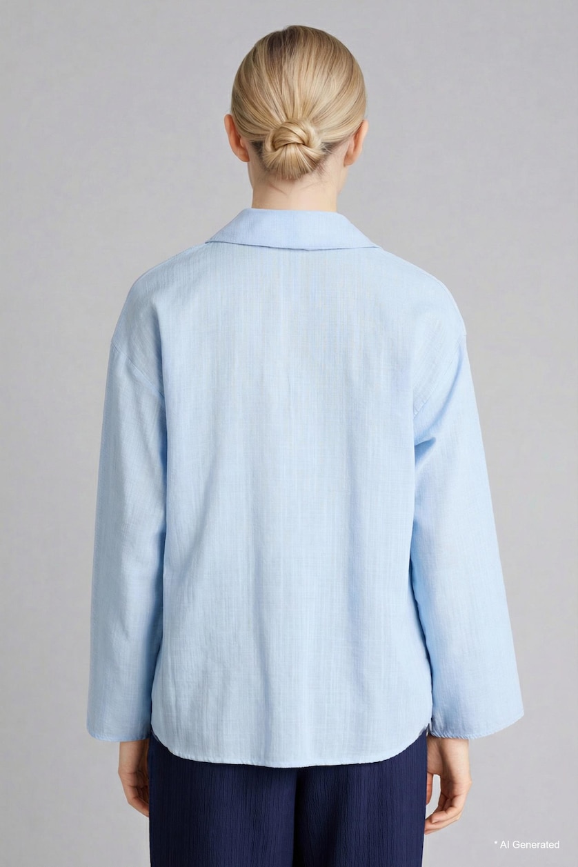 Women Light Blue Relax Fit Shirt Collar Long Sleeve Blouse