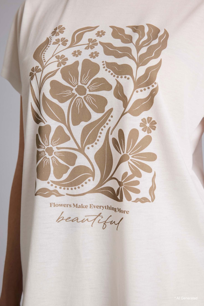 Woman Ecru Crew Neck Floral Short Sleeve T-Shirt