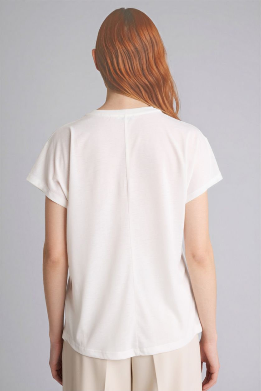 Woman Ecru تيشيرت فلورال نص ردن وياخة مستديرة