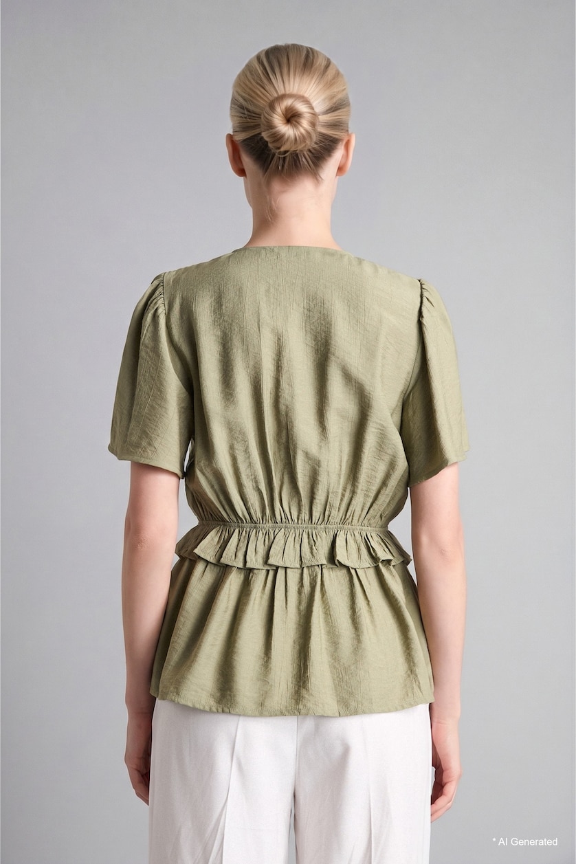 WOMAN Light Mint Regular Fit V-Neck Short Sleeve Blouse