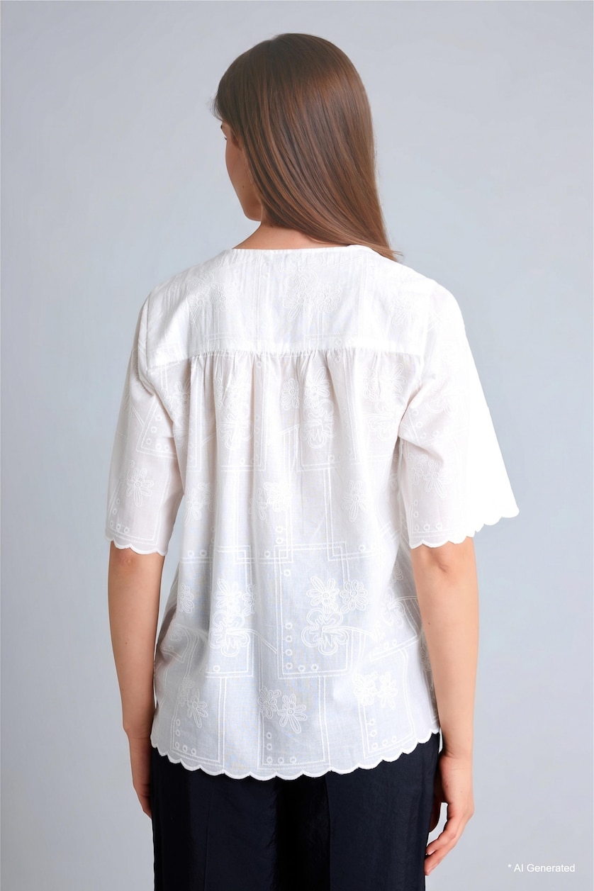 Kadın Ekru %100 Pamuk Relaxed Fit Kısa Kollu Vual Bluz