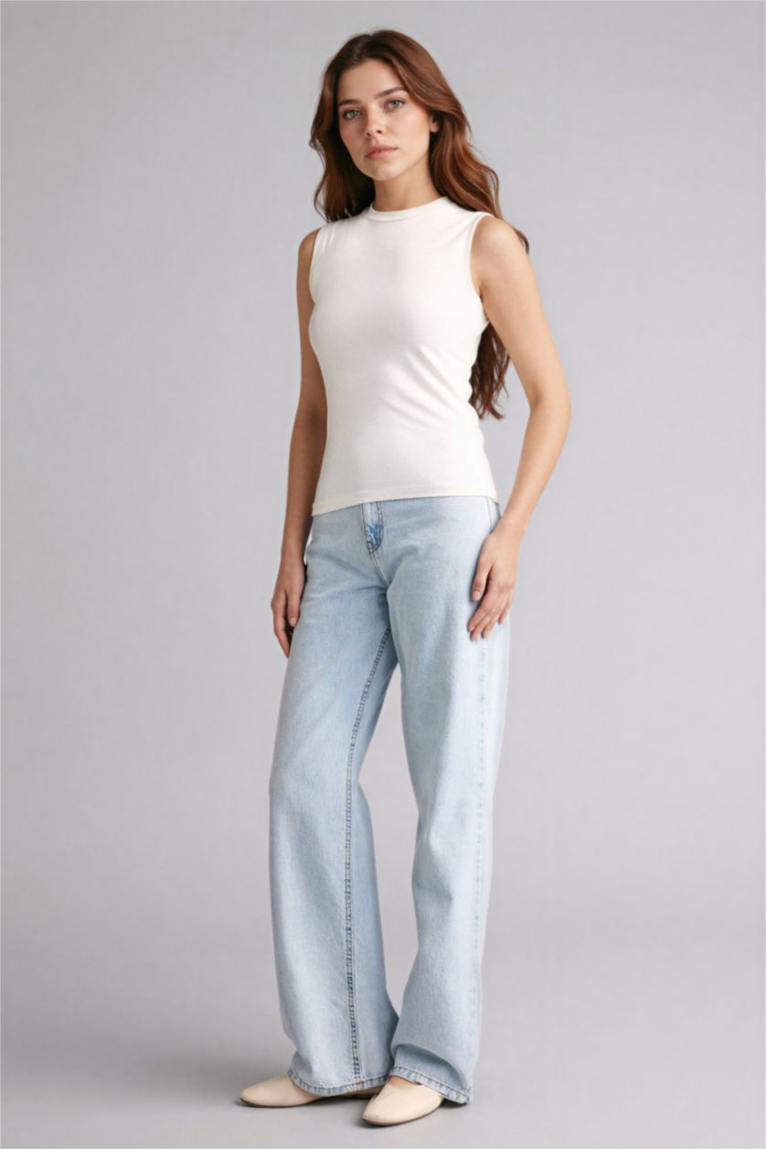 Kadın Ekru Slım Fıt Yarım Balıkçı Yaka Kısa Kollu Tunik