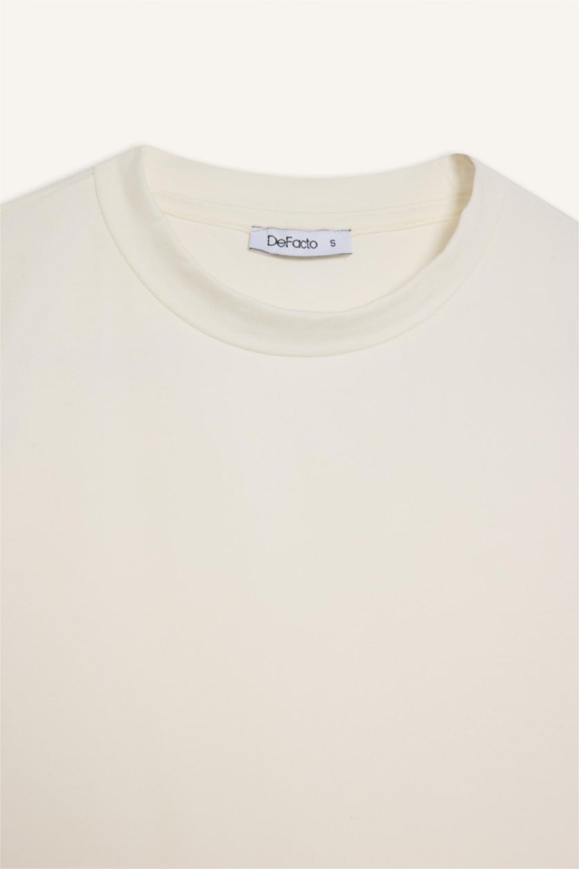 Kadın Ekru Slım Fıt Yarım Balıkçı Yaka Kısa Kollu Tunik