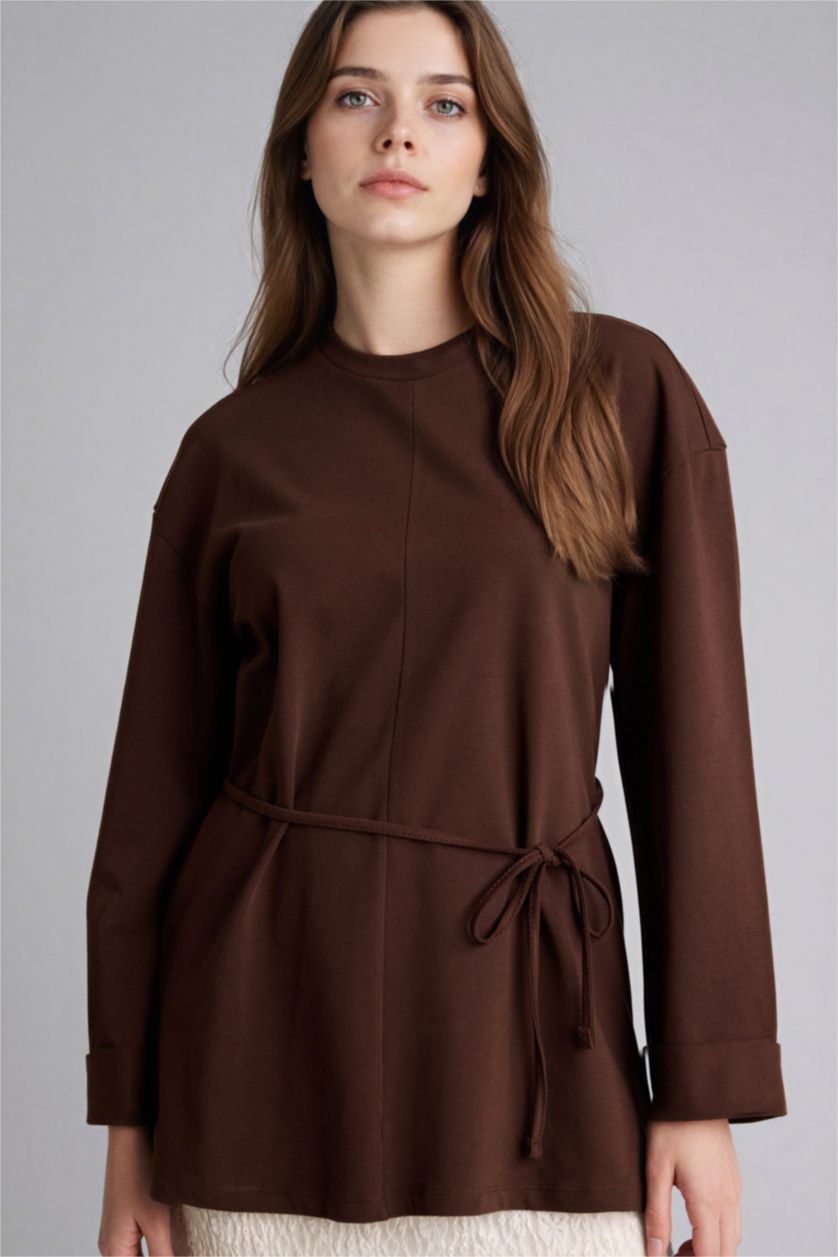 حريمي بني تونيك كم طويل قصة فضفاضة بحزام