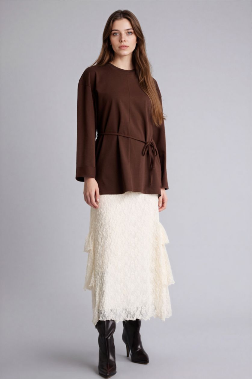 حريمي بني تونيك كم طويل قصة فضفاضة بحزام