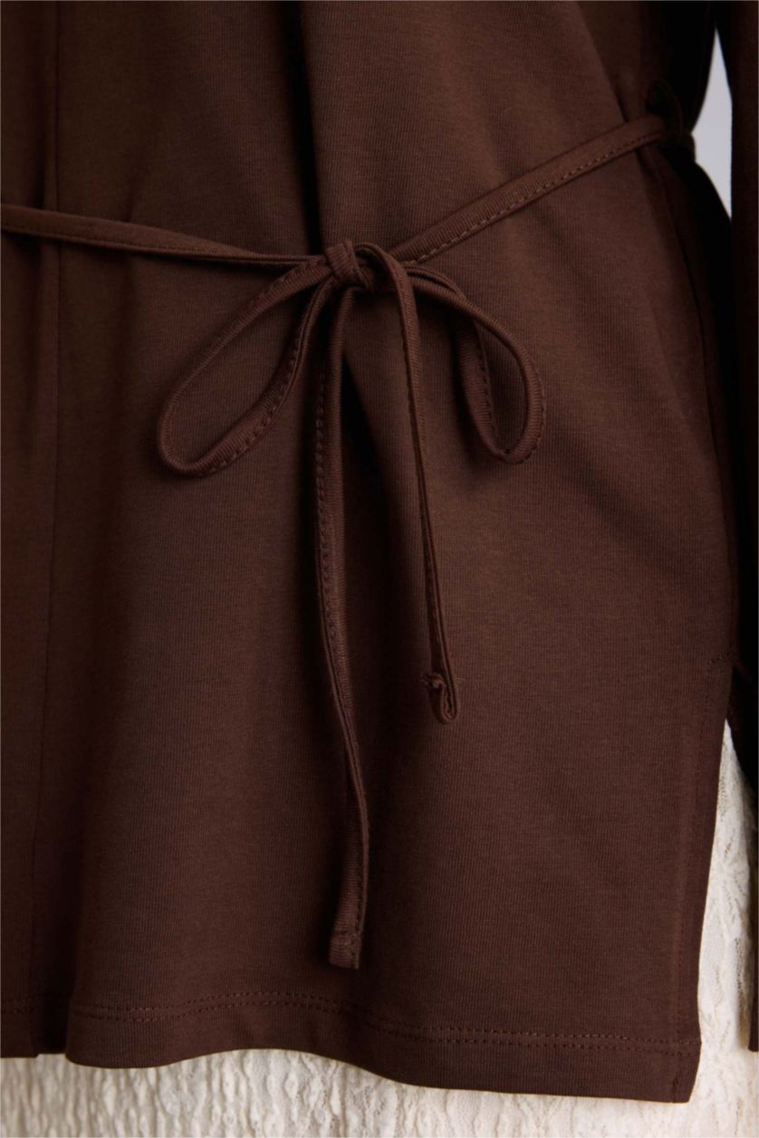 حريمي بني تونيك كم طويل قصة فضفاضة بحزام