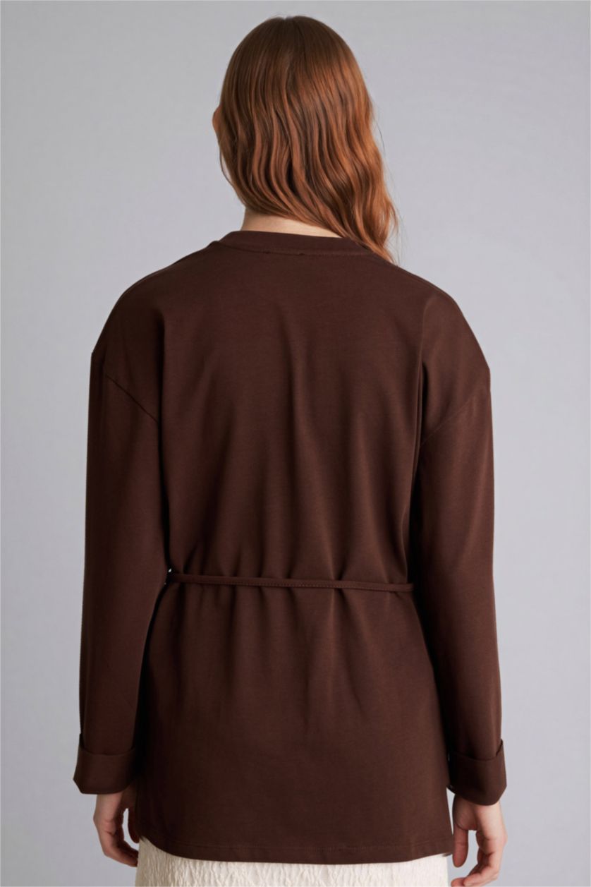 حريمي بني تونيك كم طويل قصة فضفاضة بحزام