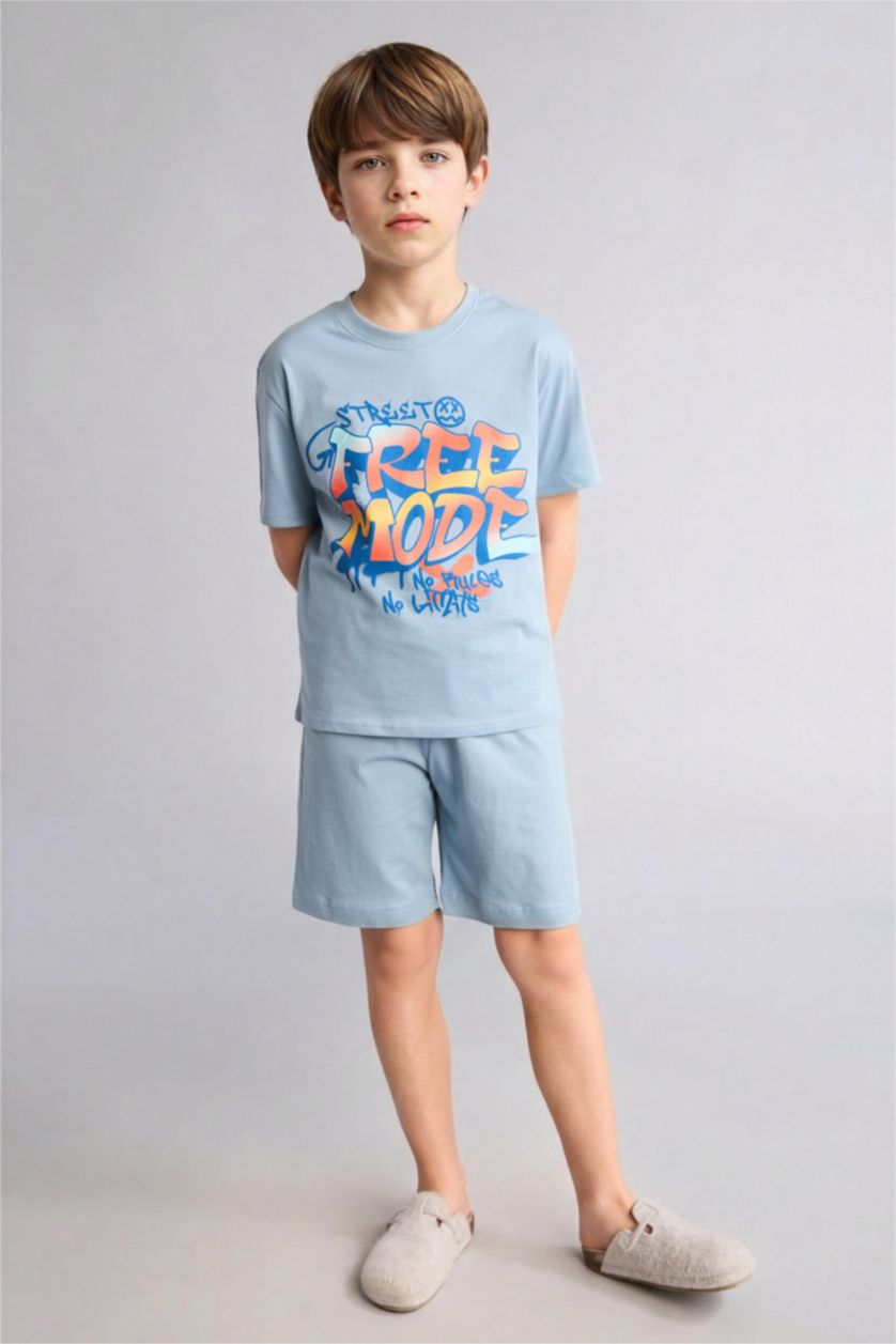 Erkek Çocuk - Genç Erkek Mavi Baskılı Tişört Şort Pijama Takımı Erkek Çocuk
