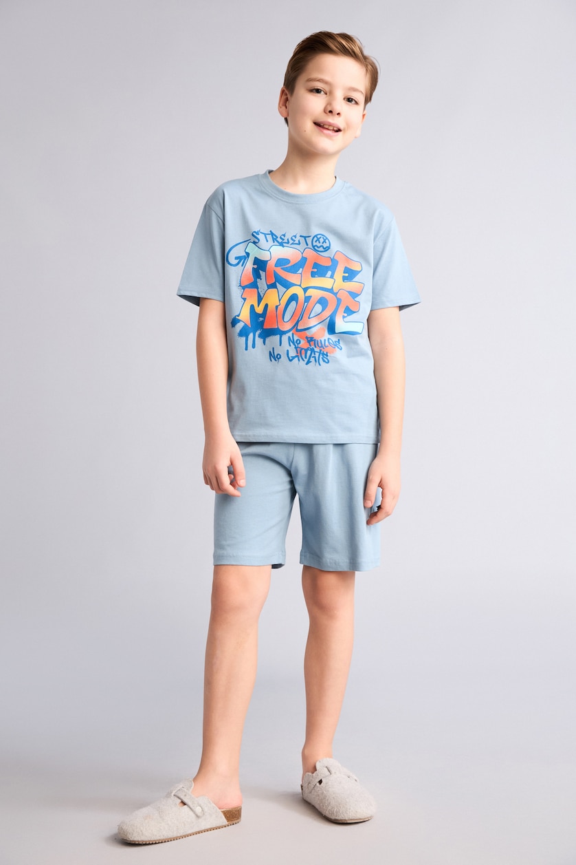 Erkek Çocuk - Genç Erkek Mavi %100 Pamuk Baskılı 2'li Pijama Takımı Erkek Bebek
