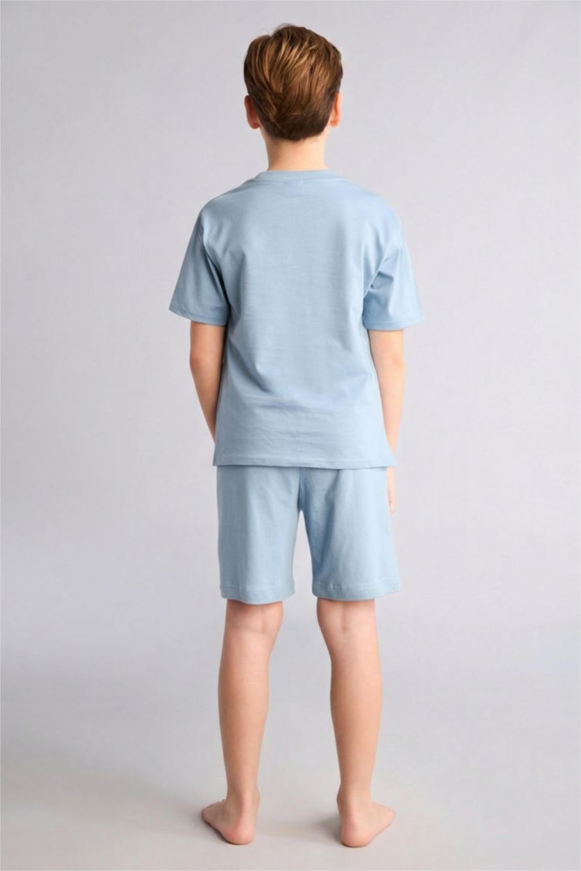 Erkek Çocuk - Genç Erkek Mavi Baskılı Tişört Şort Pijama Takımı Erkek Çocuk