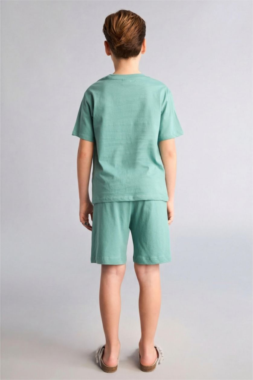 Erkek Çocuk - Genç Erkek Yeşil Baskılı Tişört Şort Pijama Takımı Erkek Çocuk