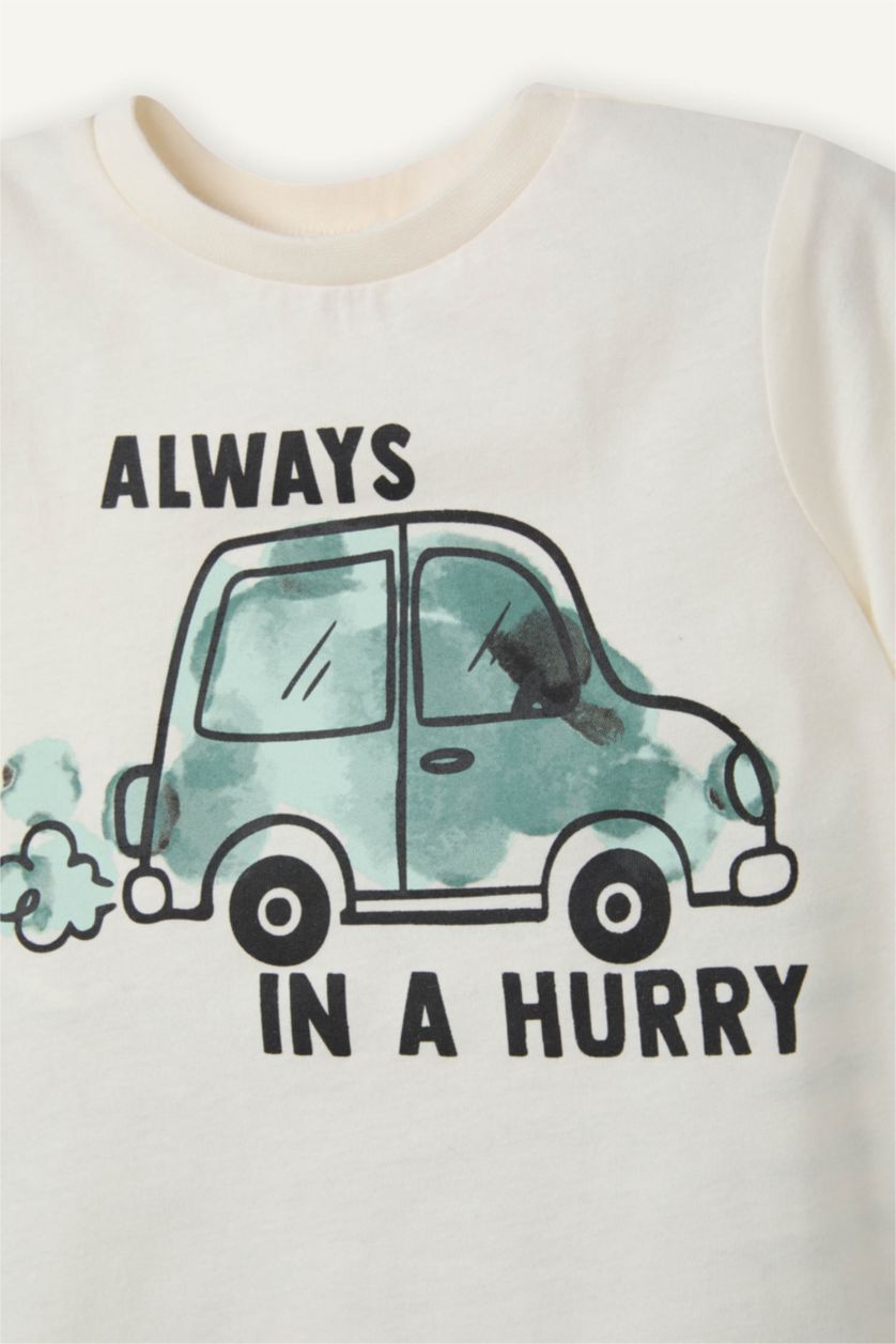 Erkek Bebek Ekru Araç Baskılı 2'li Pijama Takımı Erkek Bebek