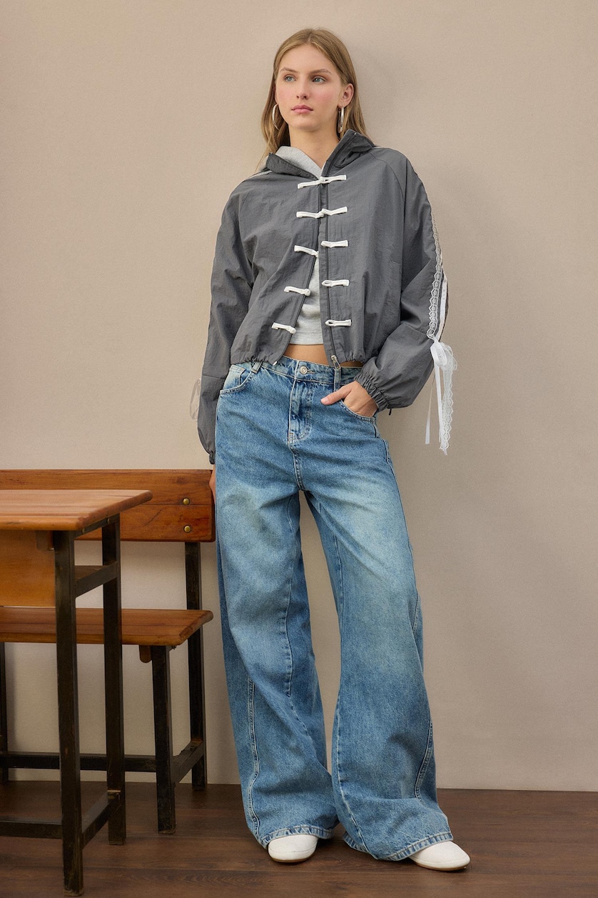 WOMAN Blue 100% Cotton Wide Leg Regular Waist Washed Jeans