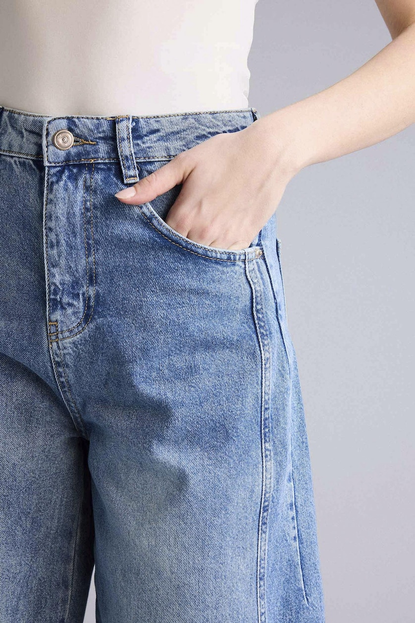 WOMAN Blue 100% Cotton Wide Leg Regular Waist Washed Jeans
