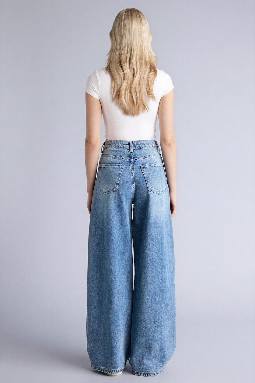 WOMAN Blue 100% Cotton Wide Leg Regular Waist Washed Jeans