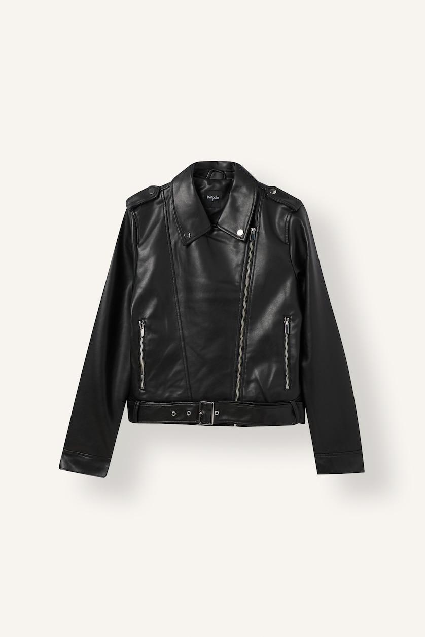 FEMME Noir Veste zippée en similicuir Coupe régulière